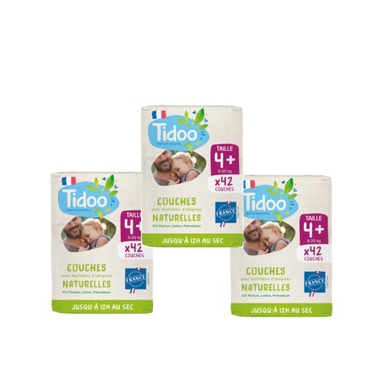 3 X Couches naturellesTaille 4+ (9-20kg) - 126 pcs - Tidoo 3 X Couches naturellesTaille 4+ (9-20kg) - 126 pcs - Tidoo