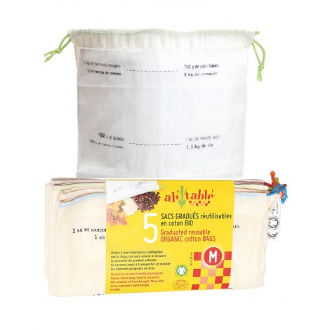 5 sacs gradués réutilisables en coton BIO fruits secs, céréales...Taille M